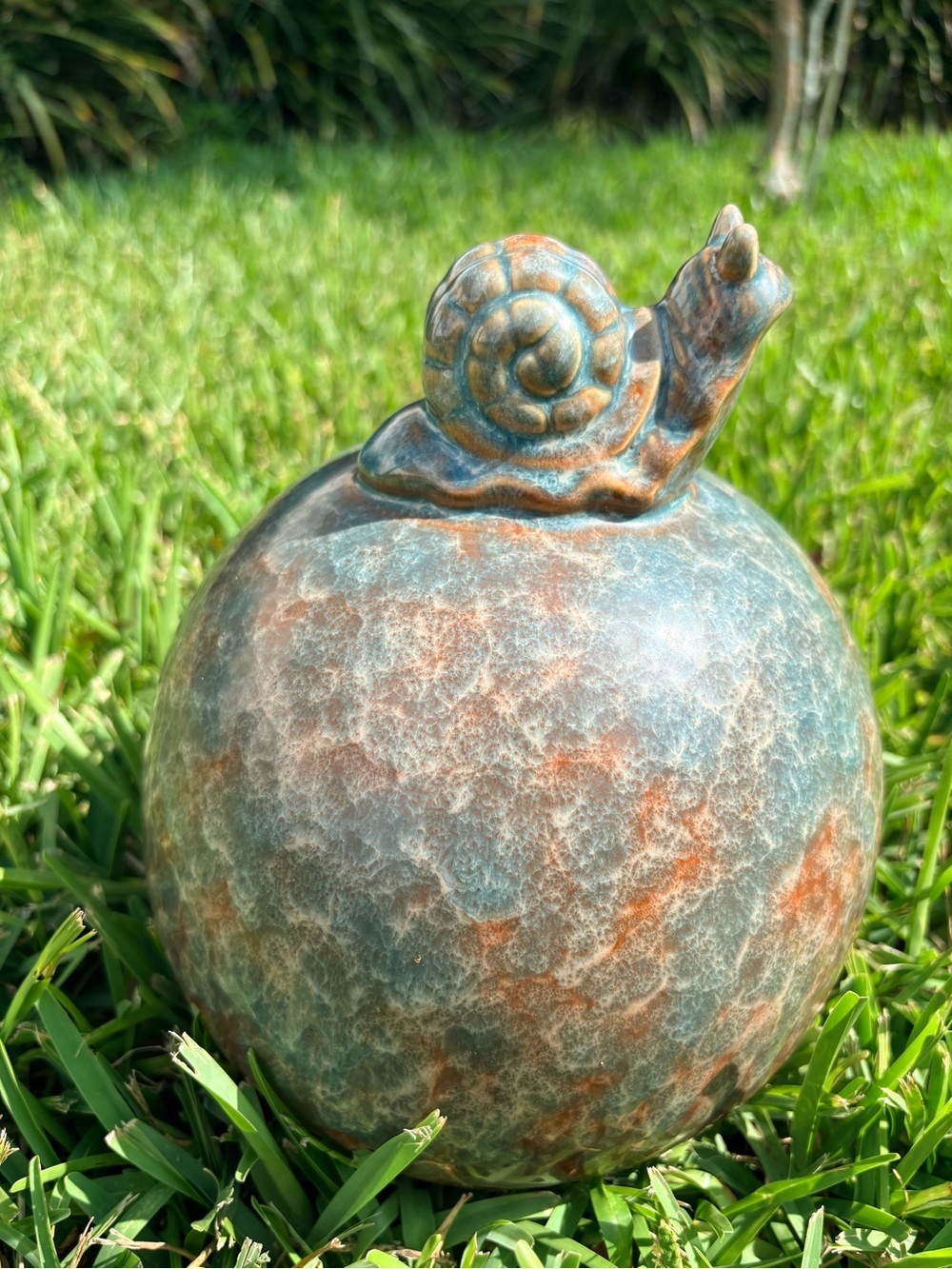 Handmade Drip Glazed Ceramic Snail Garden Sphere | Artisan Yard Decor | 9" Tall - Picture 5 of 9